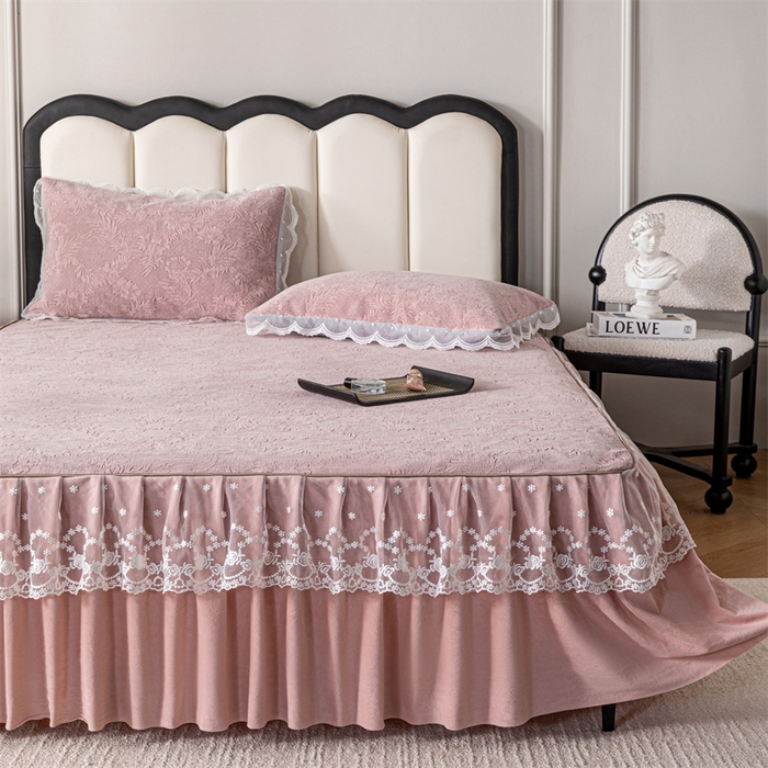 91家纺网 家纺一手货源 找家纺 手艺人家纺 2025新款雪尼尔床裙床笠 X02-粉