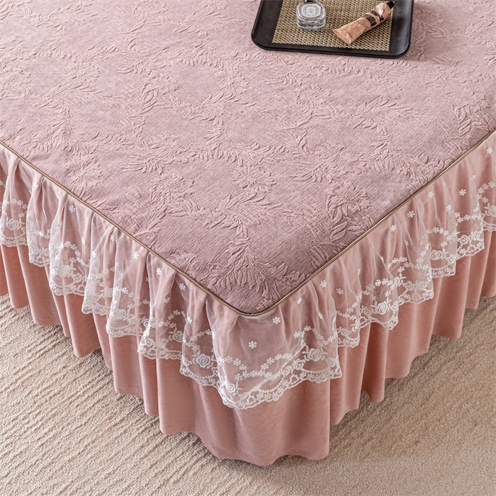 91家纺网 家纺一手货源 找家纺 手艺人家纺 2025新款雪尼尔床裙床笠 X02-粉