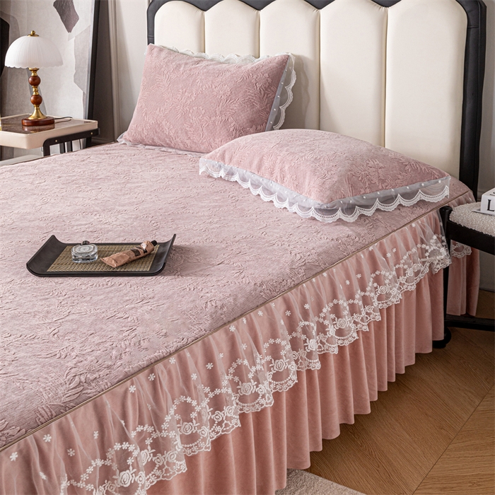 91家纺网 家纺一手货源 找家纺 手艺人家纺 2025新款雪尼尔床裙床笠 X02-粉