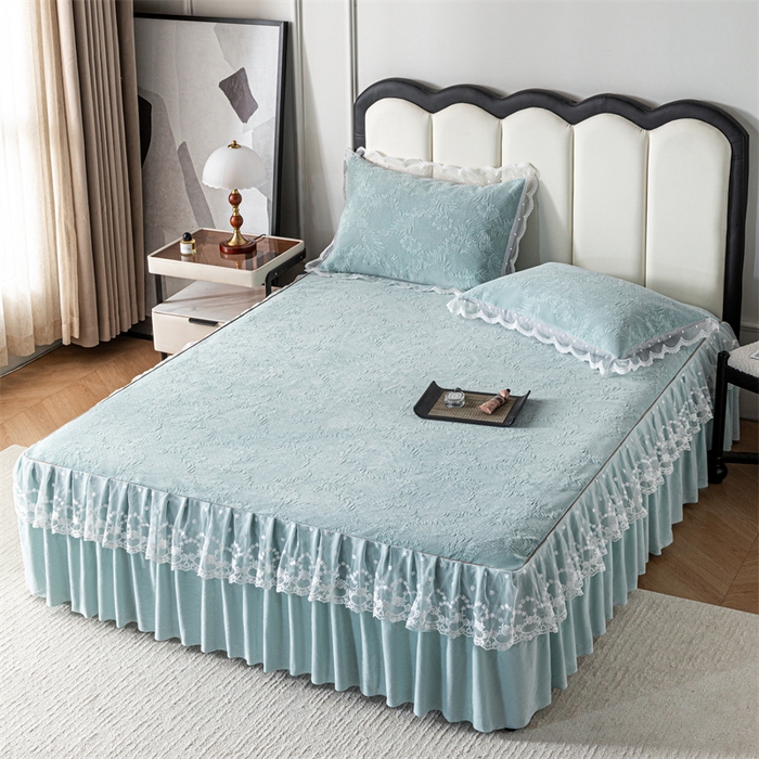 91家纺网 家纺一手货源 找家纺 手艺人家纺 2025新款雪尼尔床裙床笠 X02-绿