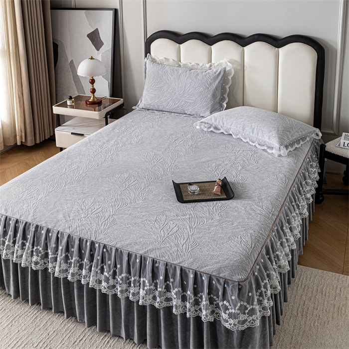 91家纺网 家纺一手货源 找家纺 手艺人家纺 2025新款雪尼尔床裙床笠 X03-灰