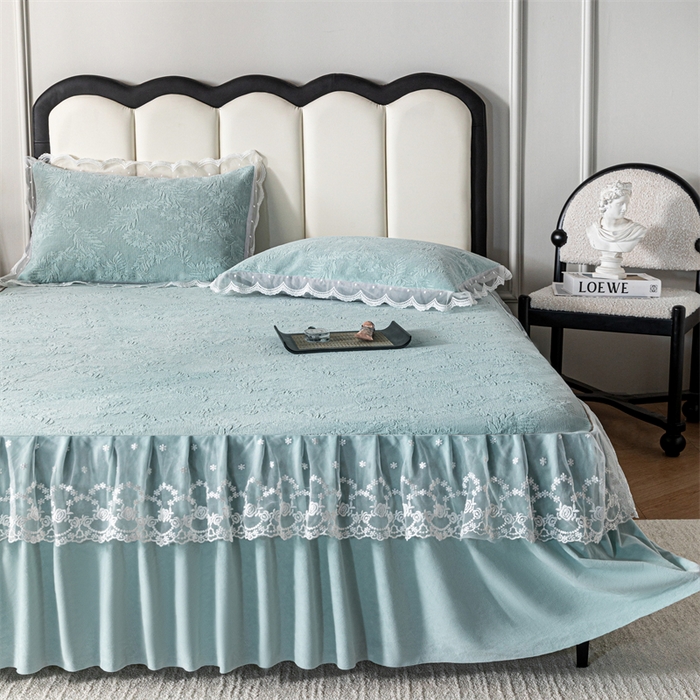 91家纺网 家纺一手货源 找家纺 手艺人家纺 2025新款雪尼尔床裙床笠 X02-绿