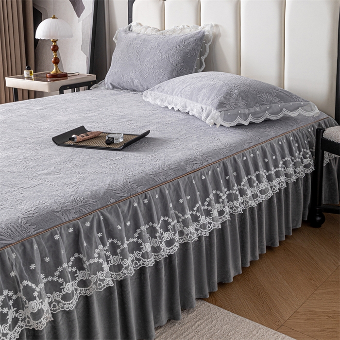 91家纺网 家纺一手货源 找家纺 手艺人家纺 2025新款雪尼尔床裙床笠 X02-灰