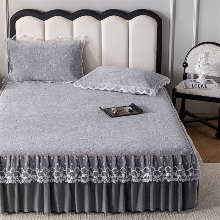 91家纺网 家纺一手货源 找家纺 手艺人家纺 2025新款雪尼尔床裙床笠 X02-灰