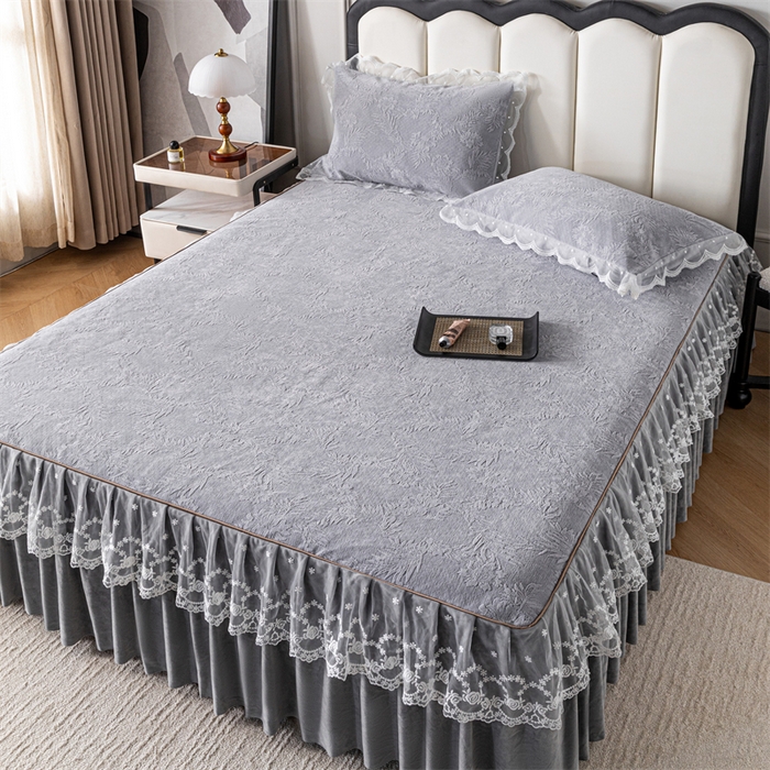 91家纺网 家纺一手货源 找家纺 手艺人家纺 2025新款雪尼尔床裙床笠 X02-灰