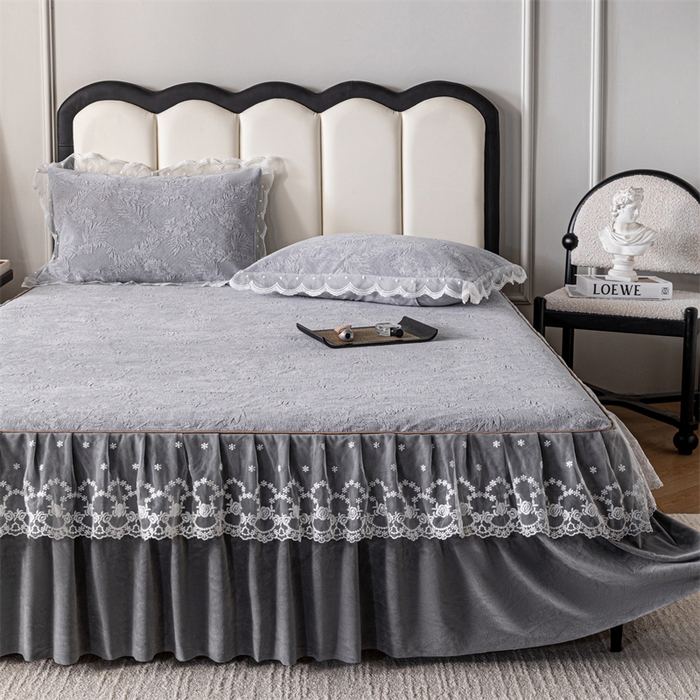 91家纺网 家纺一手货源 找家纺 手艺人家纺 2025新款雪尼尔床裙床笠 X02-灰