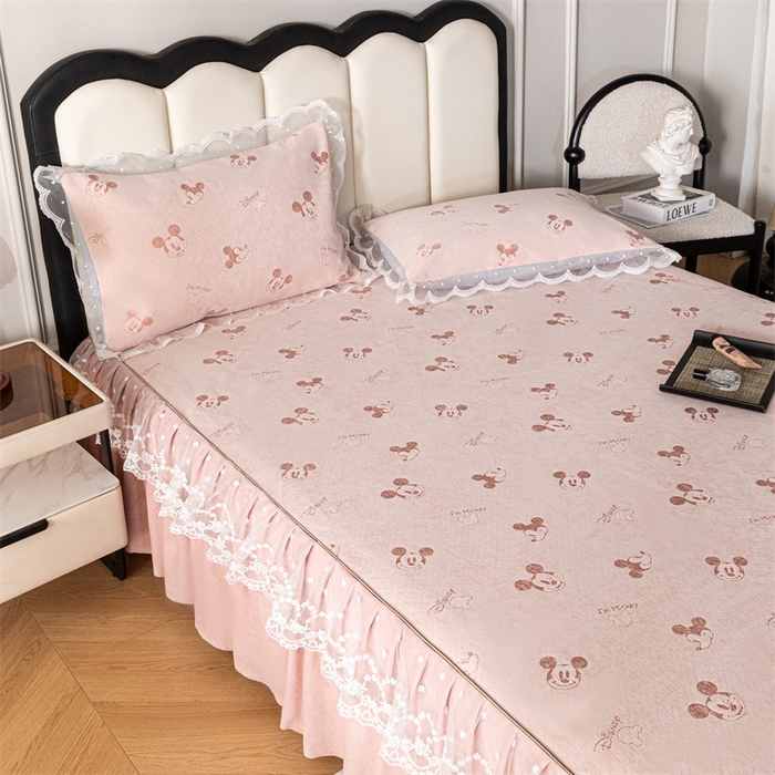 91家纺网 家纺一手货源 找家纺 手艺人家纺 2025新款雪尼尔床裙床笠 X01-粉