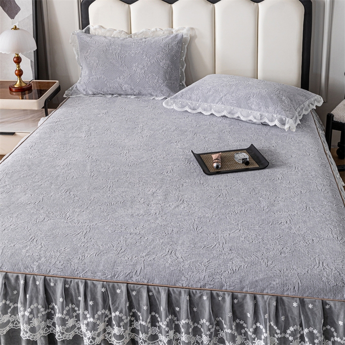 91家纺网 家纺一手货源 找家纺 手艺人家纺 2025新款雪尼尔床裙床笠 X02-灰