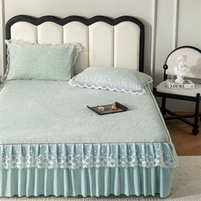 91家纺网 家纺一手货源 找家纺 手艺人家纺 2025新款雪尼尔床裙床笠 X03-绿