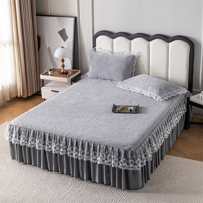 91家纺网 家纺一手货源 找家纺 手艺人家纺 2025新款雪尼尔床裙床笠 X02-灰