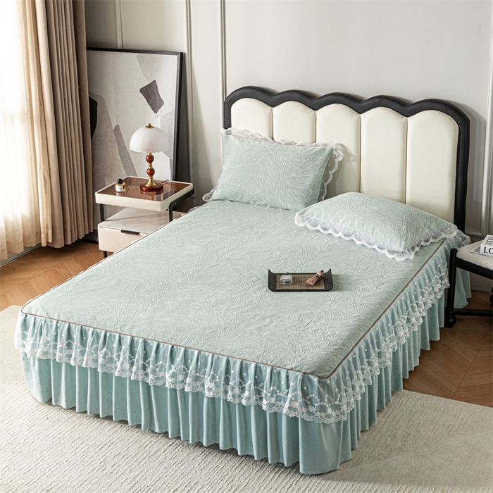 91家纺网 家纺一手货源 找家纺 手艺人家纺 2025新款雪尼尔床裙床笠 X03-绿