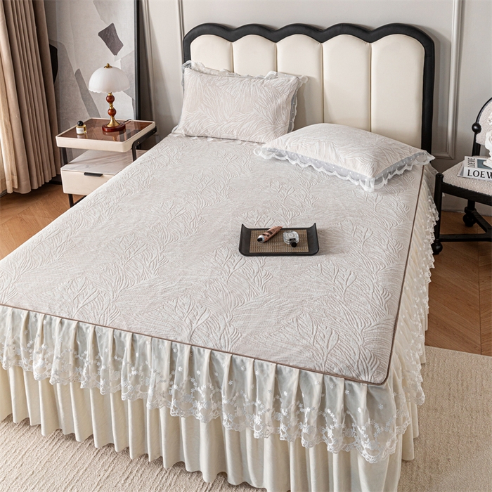 91家纺网 家纺一手货源 找家纺 手艺人家纺 2025新款雪尼尔床裙床笠 X03-米