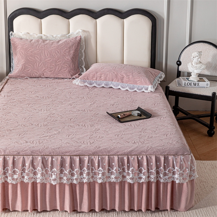 91家纺网 家纺一手货源 找家纺 手艺人家纺 2025新款雪尼尔床裙床笠 X06-粉