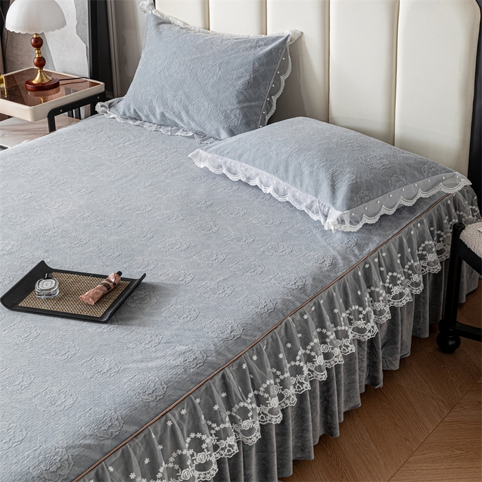 91家纺网 家纺一手货源 找家纺 手艺人家纺 2025新款雪尼尔床裙床笠 X05-灰