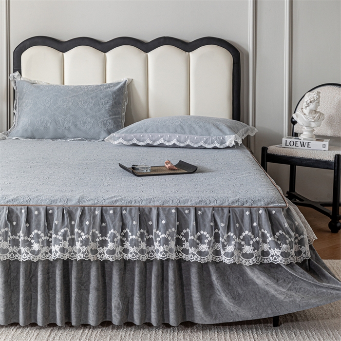 91家纺网 家纺一手货源 找家纺 手艺人家纺 2025新款雪尼尔床裙床笠 X05-灰