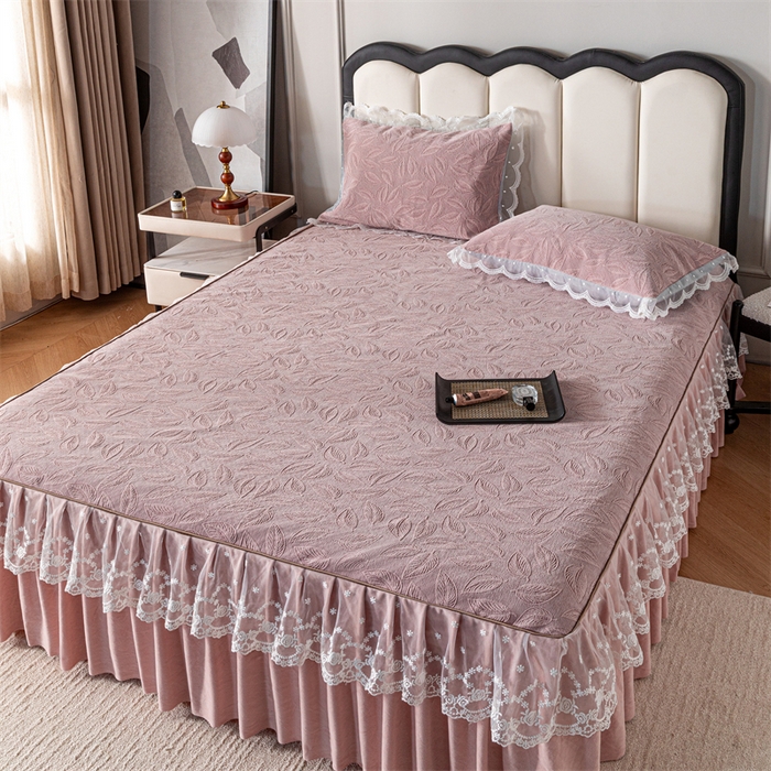 91家纺网 家纺一手货源 找家纺 手艺人家纺 2025新款雪尼尔床裙床笠 X06-粉