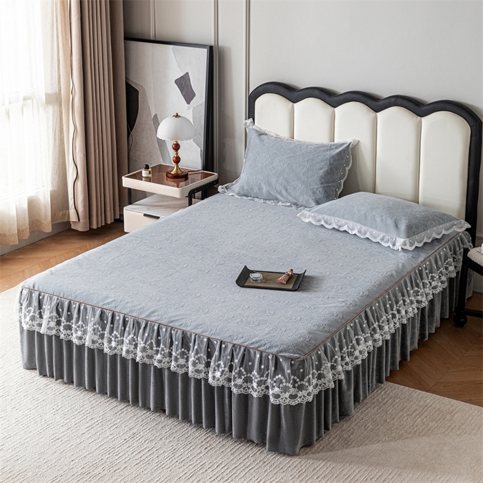 91家纺网 家纺一手货源 找家纺 手艺人家纺 2025新款雪尼尔床裙床笠 X05-灰