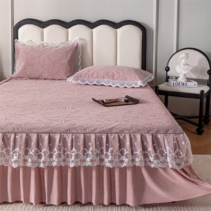 91家纺网 家纺一手货源 找家纺 手艺人家纺 2025新款雪尼尔床裙床笠 X06-粉