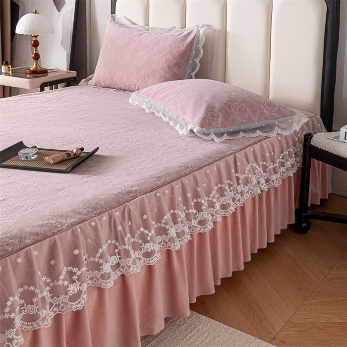 91家纺网 家纺一手货源 找家纺 手艺人家纺 2025新款雪尼尔床裙床笠 X05-粉