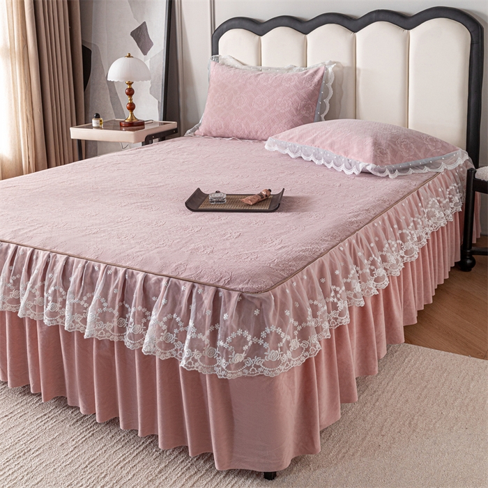 91家纺网 家纺一手货源 找家纺 手艺人家纺 2025新款雪尼尔床裙床笠 X05-粉