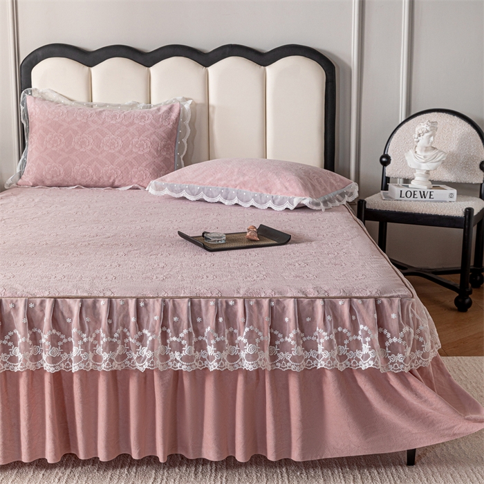 91家纺网 家纺一手货源 找家纺 手艺人家纺 2025新款雪尼尔床裙床笠 X05-粉