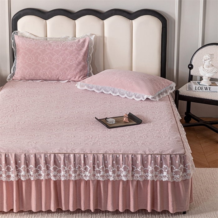 91家纺网 家纺一手货源 找家纺 手艺人家纺 2025新款雪尼尔床裙床笠 X05-粉