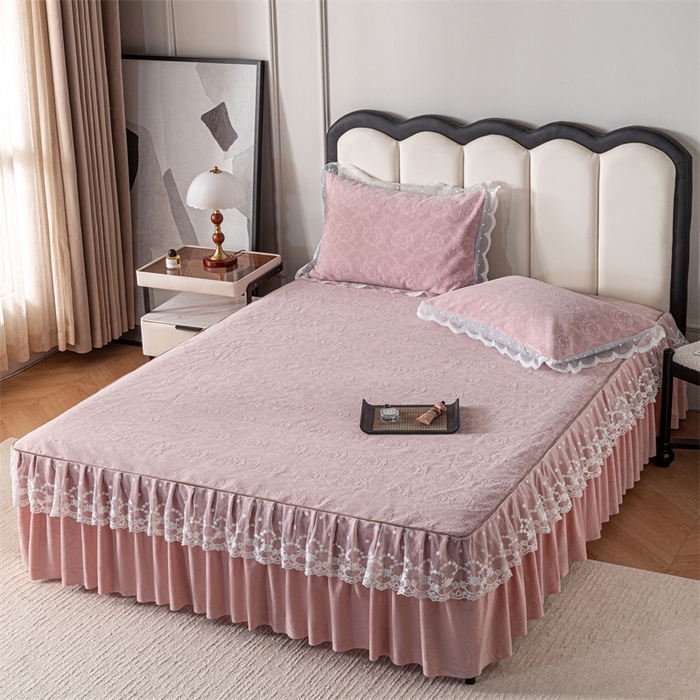 91家纺网 家纺一手货源 找家纺 手艺人家纺 2025新款雪尼尔床裙床笠 X05-粉