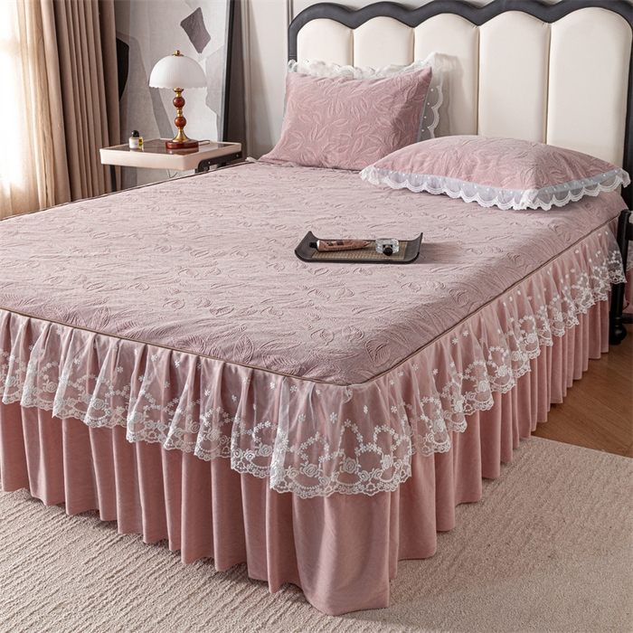 91家纺网 家纺一手货源 找家纺 手艺人家纺 2025新款雪尼尔床裙床笠 X06-粉