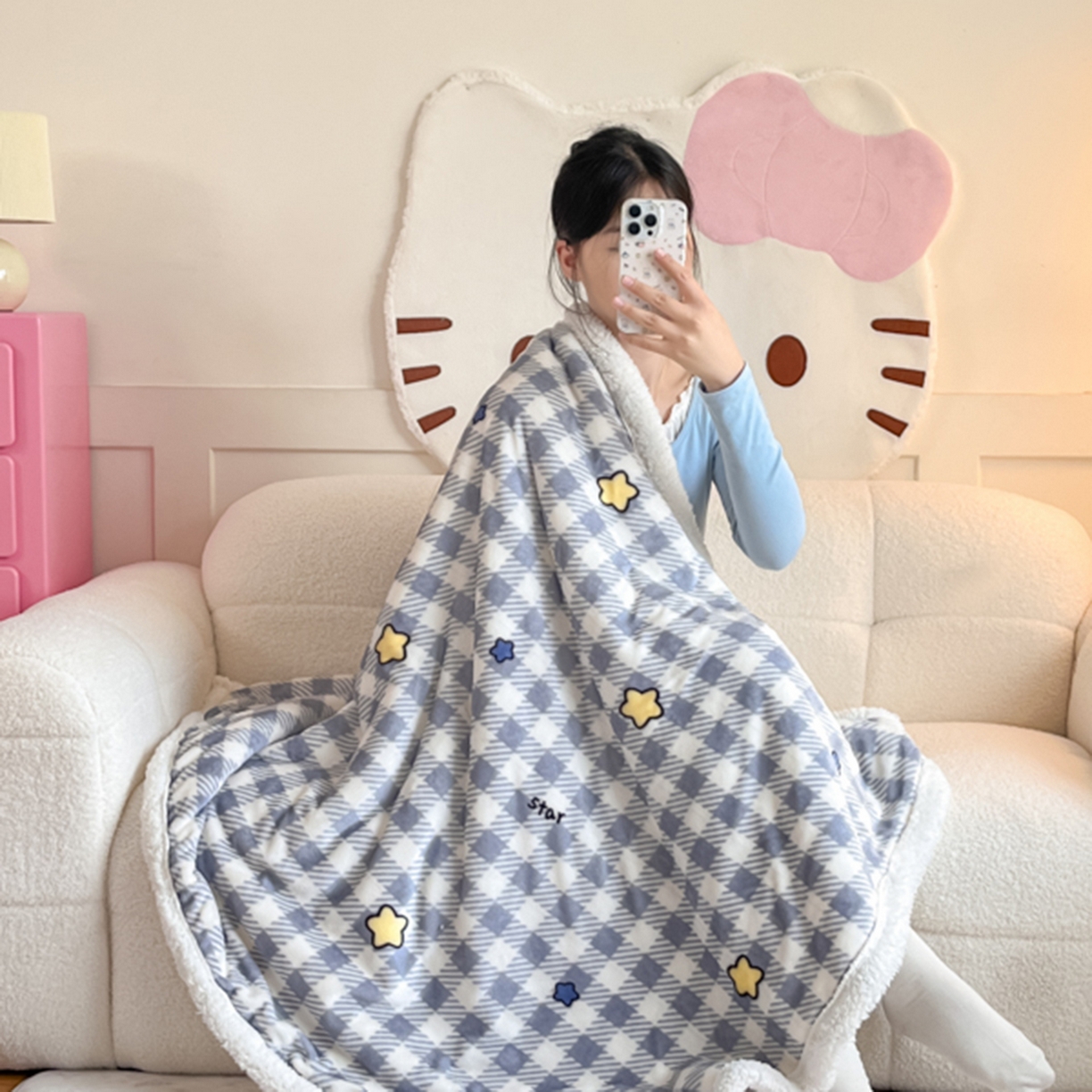 91家纺网 家纺一手货源 找家纺 川悦生活 2025新款牛奶绒羊羔绒毯子毛毯 毛毯简空星号