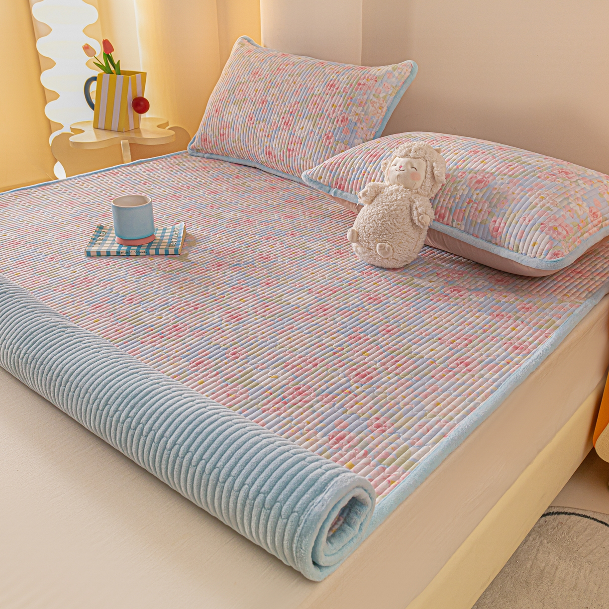 91家纺网 家纺一手货源 找家纺 恒尚居 2025新款A版全棉B版牛奶绒夹棉床褥垫A类四季可用学生床垫-秋冬款三件套系列二 梦幻【A纯棉-B牛奶绒】