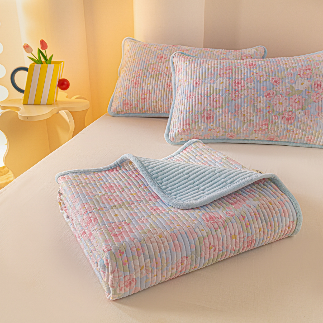 91家纺网 家纺一手货源 找家纺 恒尚居 2025新款A版全棉B版牛奶绒夹棉床褥垫A类四季可用学生床垫-秋冬款三件套系列二 梦幻【A纯棉-B牛奶绒】