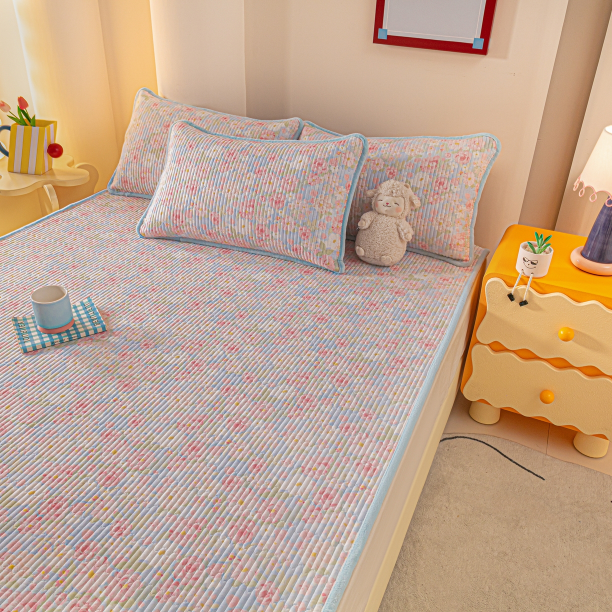 91家纺网 家纺一手货源 找家纺 恒尚居 2025新款A版全棉B版牛奶绒夹棉床褥垫A类四季可用学生床垫-秋冬款三件套系列二 梦幻【A纯棉-B牛奶绒】