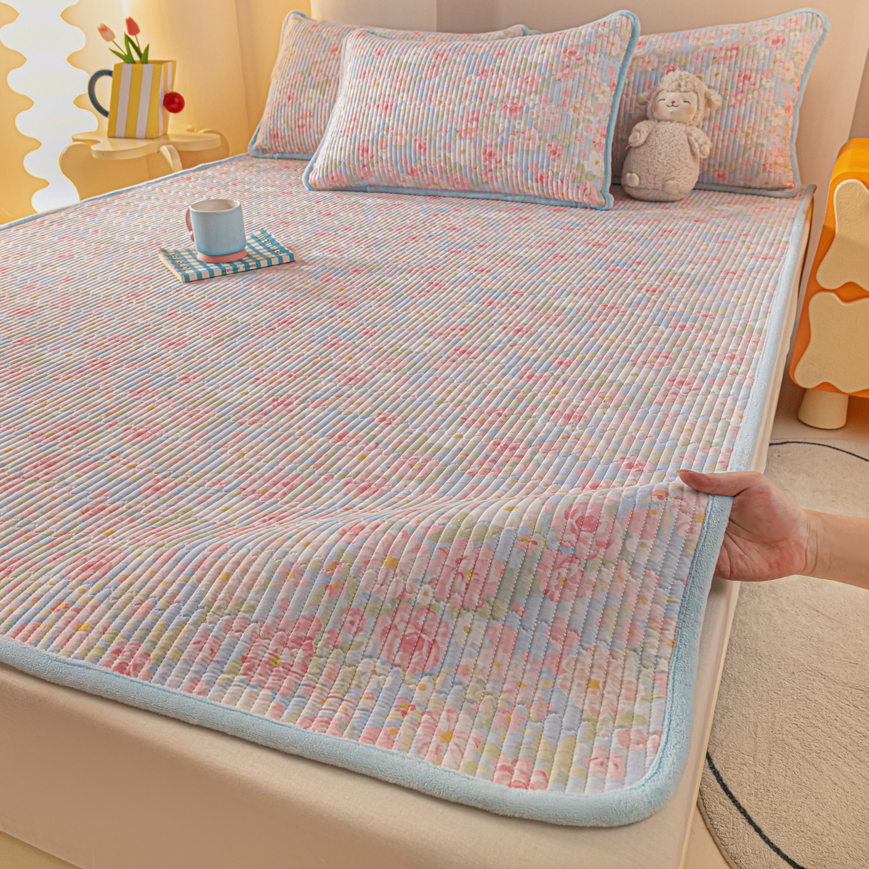 91家纺网 家纺一手货源 找家纺 恒尚居 2025新款A版全棉B版牛奶绒夹棉床褥垫A类四季可用学生床垫-秋冬款三件套系列二 梦幻【A纯棉-B牛奶绒】