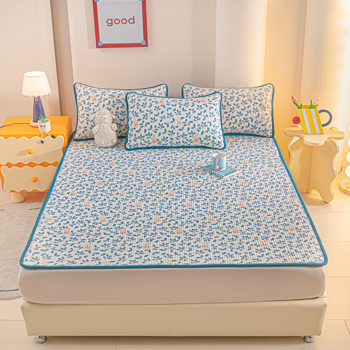 91家纺网 家纺一手货源 找家纺 恒尚居 2025新款A版全棉B版牛奶绒夹棉床褥垫A类四季可用学生床垫-秋冬款三件套系列一 菲菲兔【A纯棉-B牛奶绒】