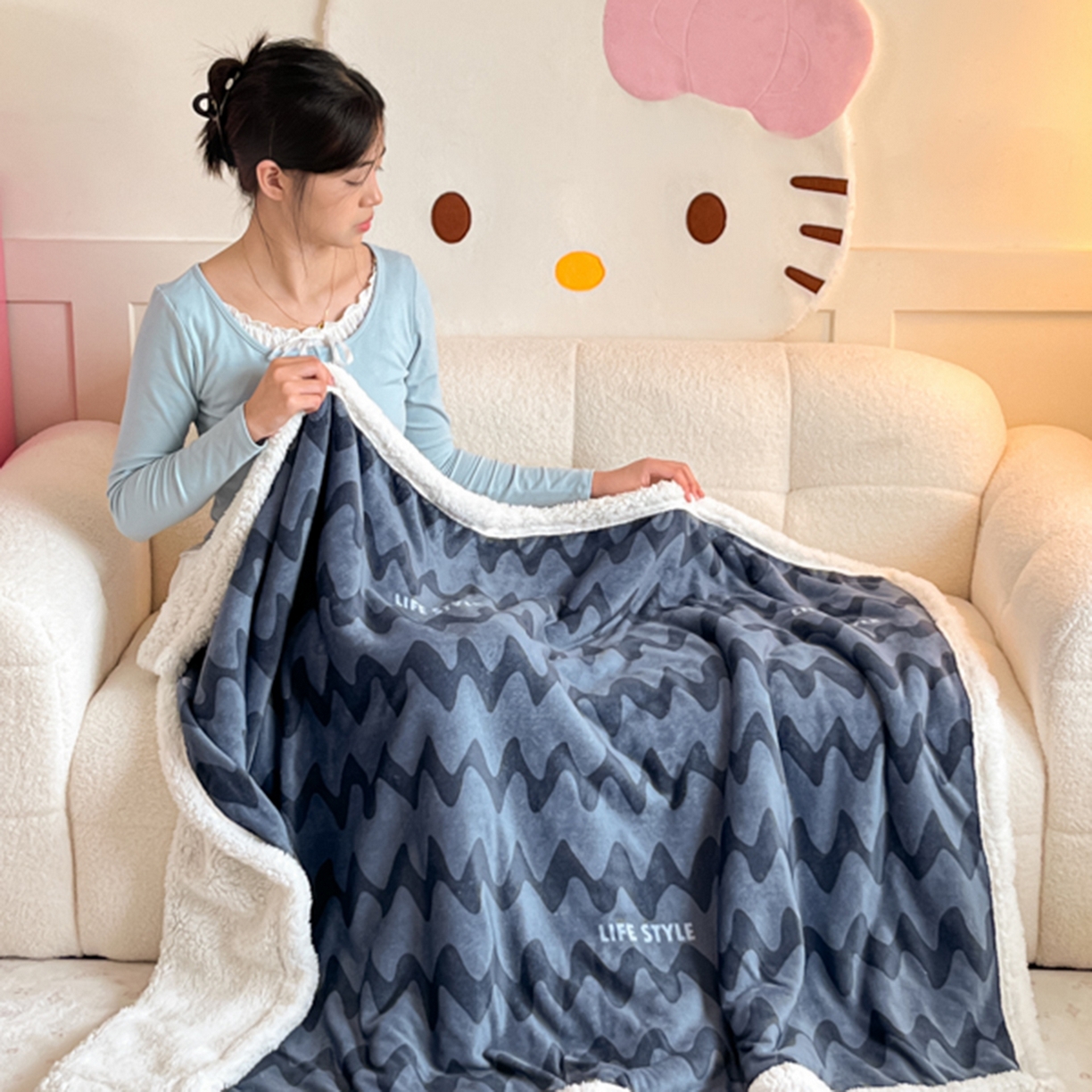 川悦生活 2025新款牛奶绒羊羔绒毯子毛毯 毛毯简一轻蓝