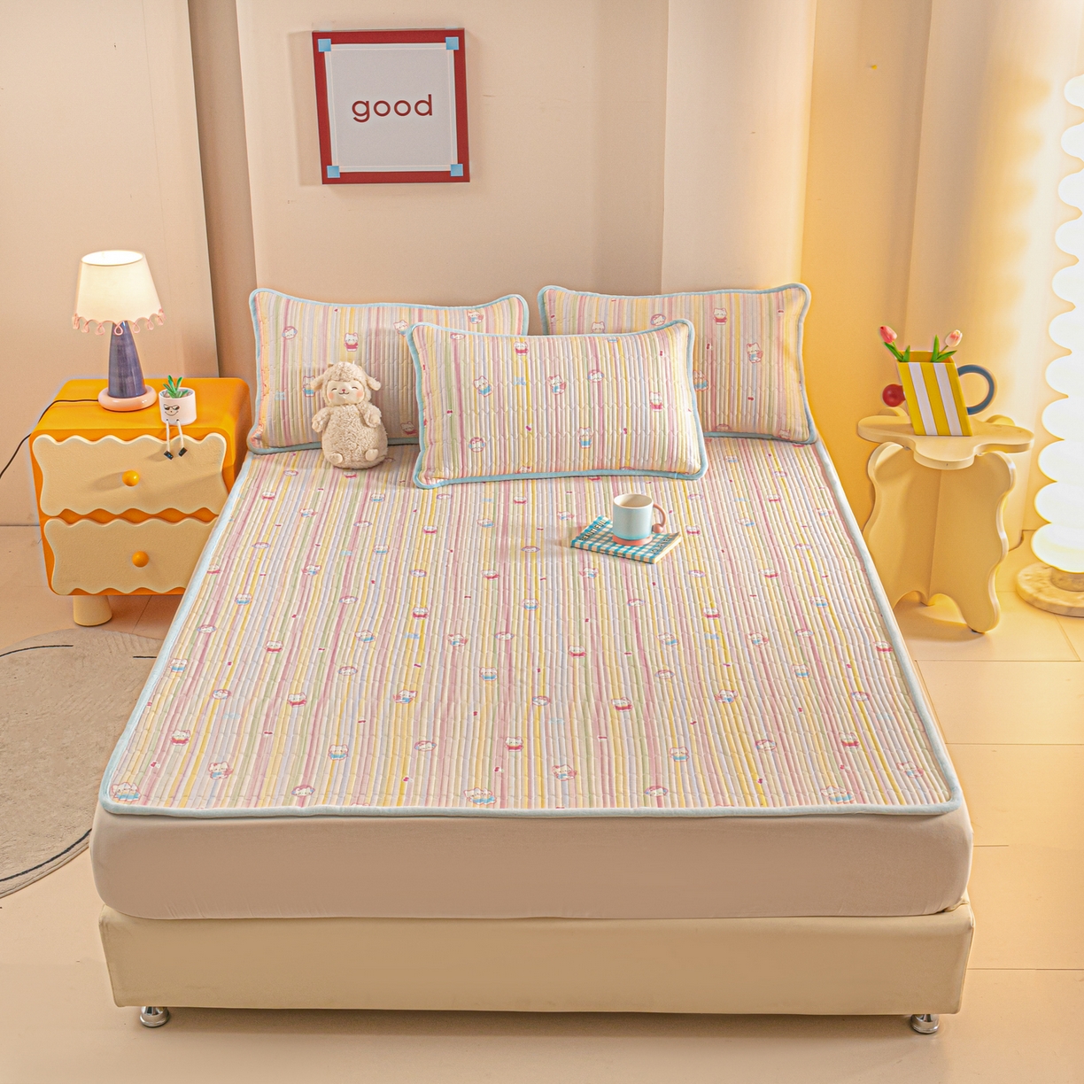 91家纺网 家纺一手货源 找家纺 恒尚居 2025新款A版全棉B版牛奶绒夹棉床褥垫A类四季可用学生床垫-秋冬款三件套系列三 彩虹猫【A纯棉-B牛奶绒】