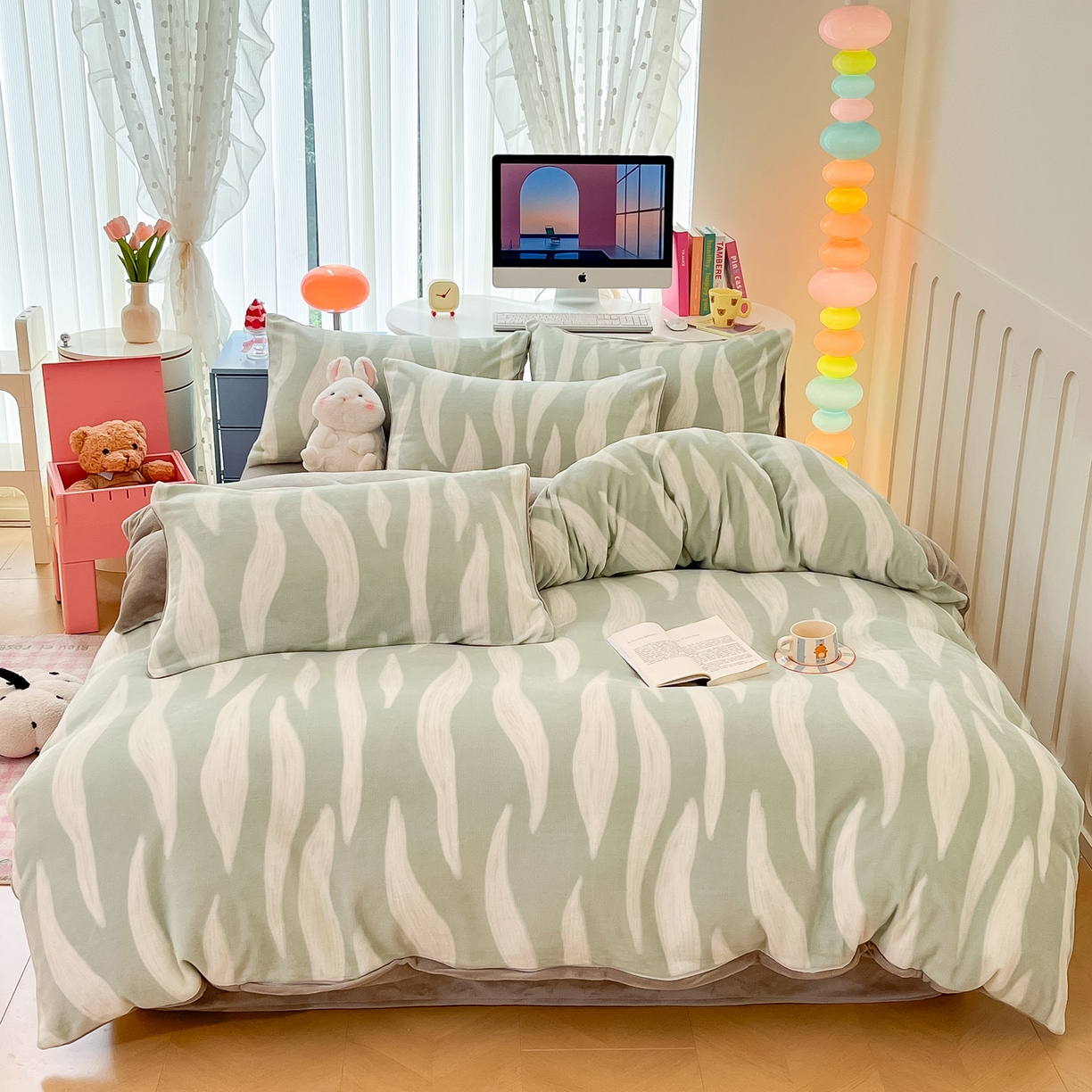 91家纺网 家纺一手货源 找家纺 启发 2025新款高克重小清新牛奶绒印花四件套 波浪