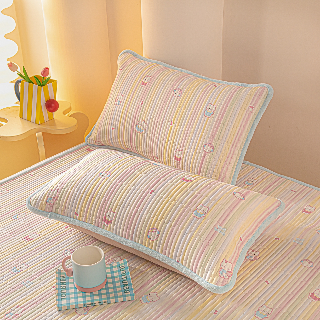 91家纺网 家纺一手货源 找家纺 恒尚居 2025新款A版全棉B版牛奶绒夹棉床褥垫A类四季可用学生床垫-秋冬款三件套系列三 彩虹猫【A纯棉-B牛奶绒】