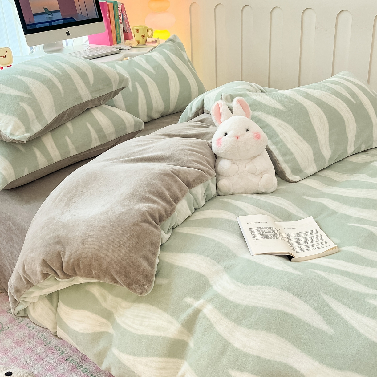 91家纺网 家纺一手货源 找家纺 启发 2025新款高克重小清新牛奶绒印花四件套 波浪