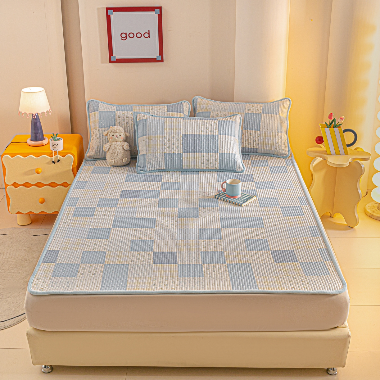 91家纺网 家纺一手货源 找家纺 恒尚居 2025新款A版全棉B版牛奶绒夹棉床褥垫A类四季可用学生床垫-秋冬款三件套系列三 芳菲-蓝【A纯棉-B牛奶绒】