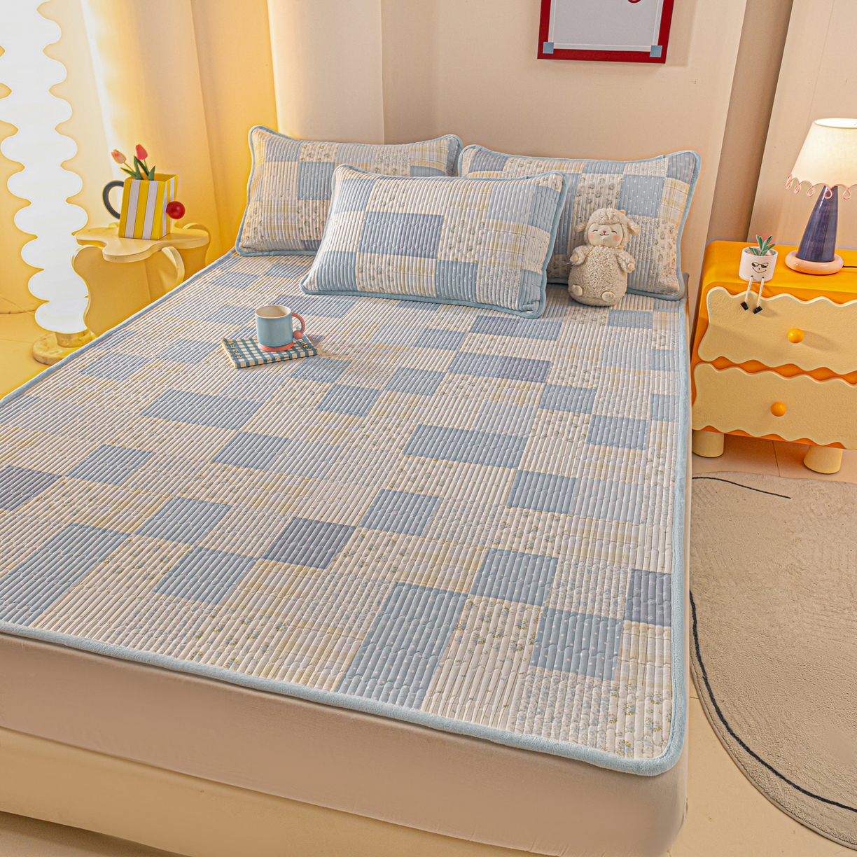 91家纺网 家纺一手货源 找家纺 恒尚居 2025新款A版全棉B版牛奶绒夹棉床褥垫A类四季可用学生床垫-秋冬款三件套系列三 芳菲-蓝【A纯棉-B牛奶绒】