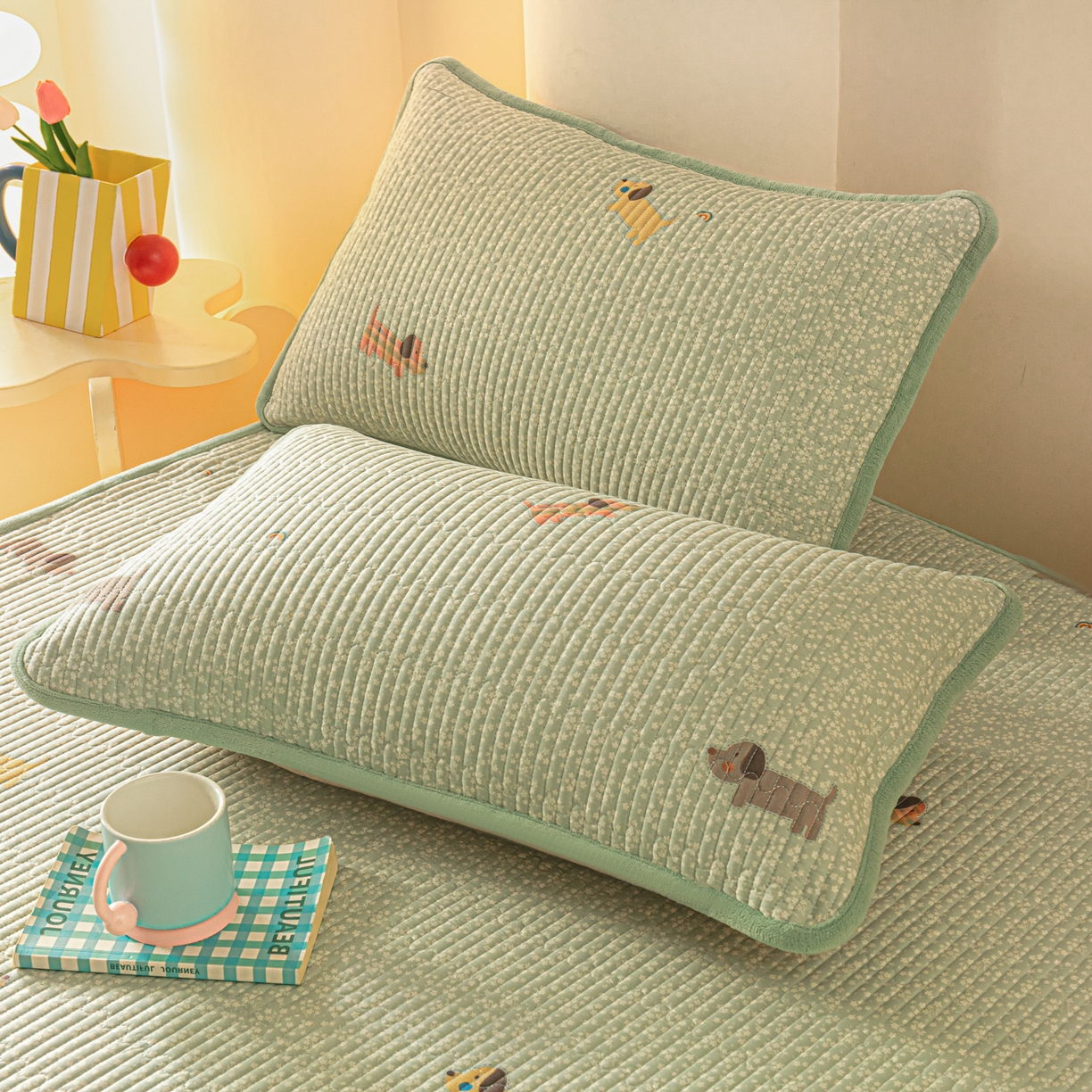 91家纺网 家纺一手货源 找家纺 恒尚居 2025新款A版全棉B版牛奶绒夹棉床褥垫A类四季可用学生床垫-秋冬款三件套系列二 布丁狗【A纯棉-B牛奶绒】