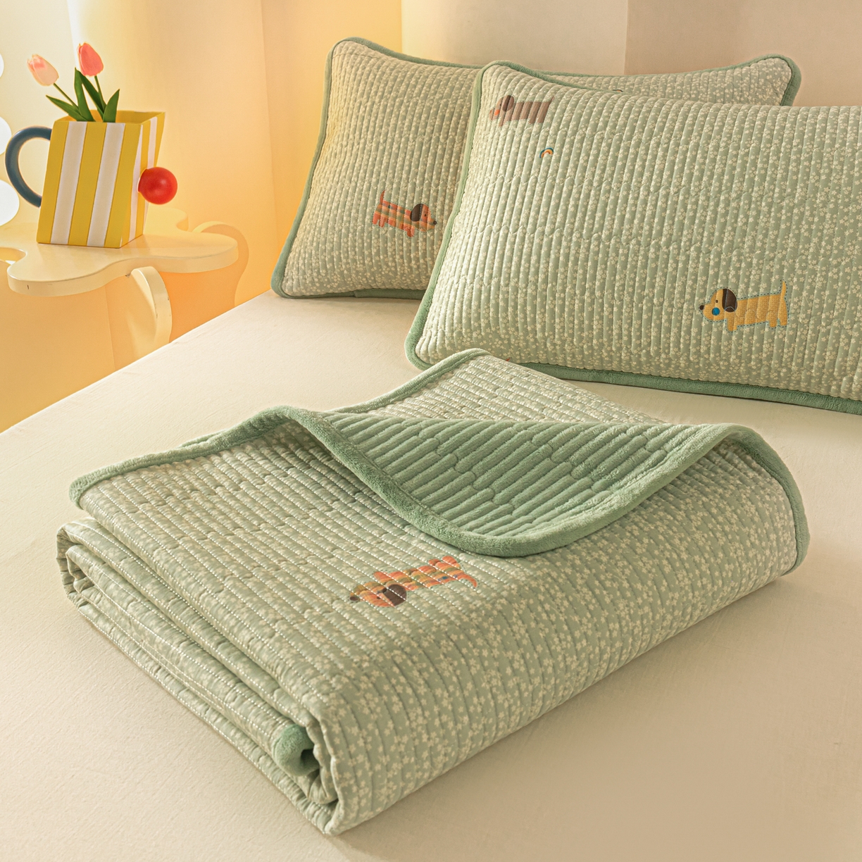 91家纺网 家纺一手货源 找家纺 恒尚居 2025新款A版全棉B版牛奶绒夹棉床褥垫A类四季可用学生床垫-秋冬款三件套系列二 布丁狗【A纯棉-B牛奶绒】