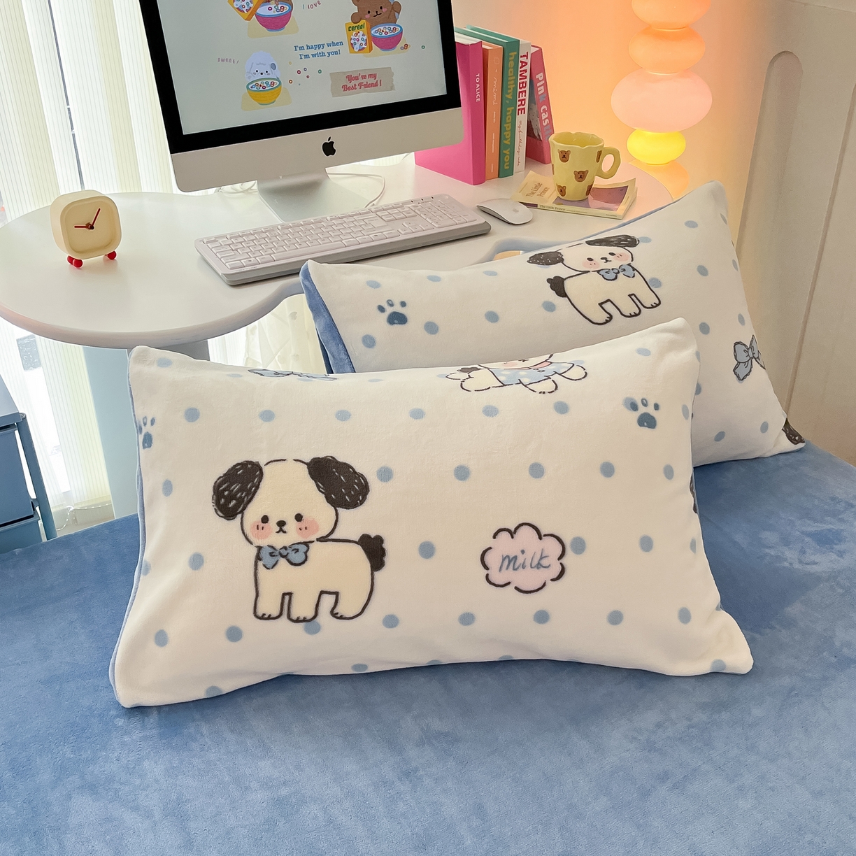 91家纺网 家纺一手货源 找家纺 启发 2025新款高克重小清新牛奶绒印花四件套 点点狗