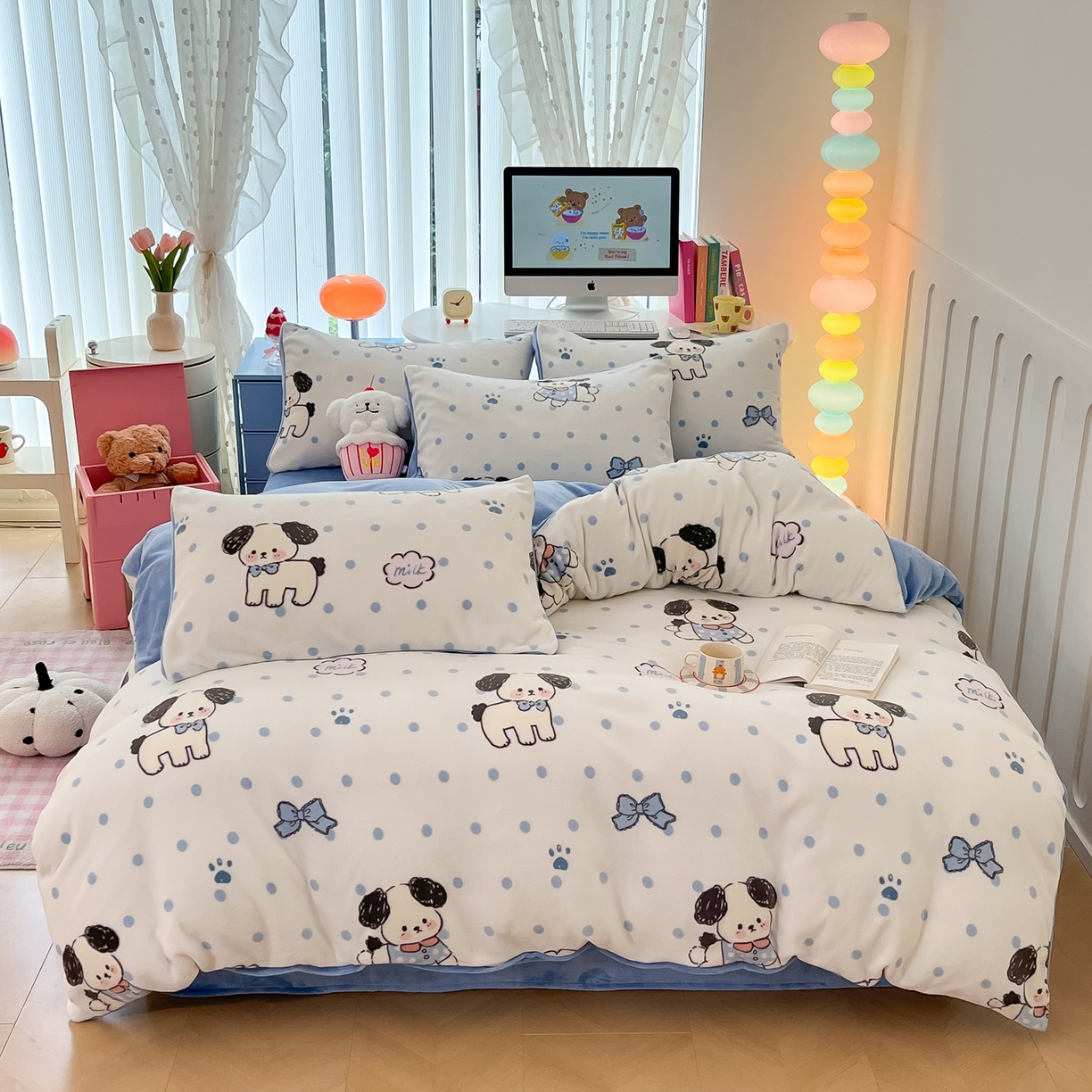 91家纺网 家纺一手货源 找家纺 启发 2025新款高克重小清新牛奶绒印花四件套 点点狗