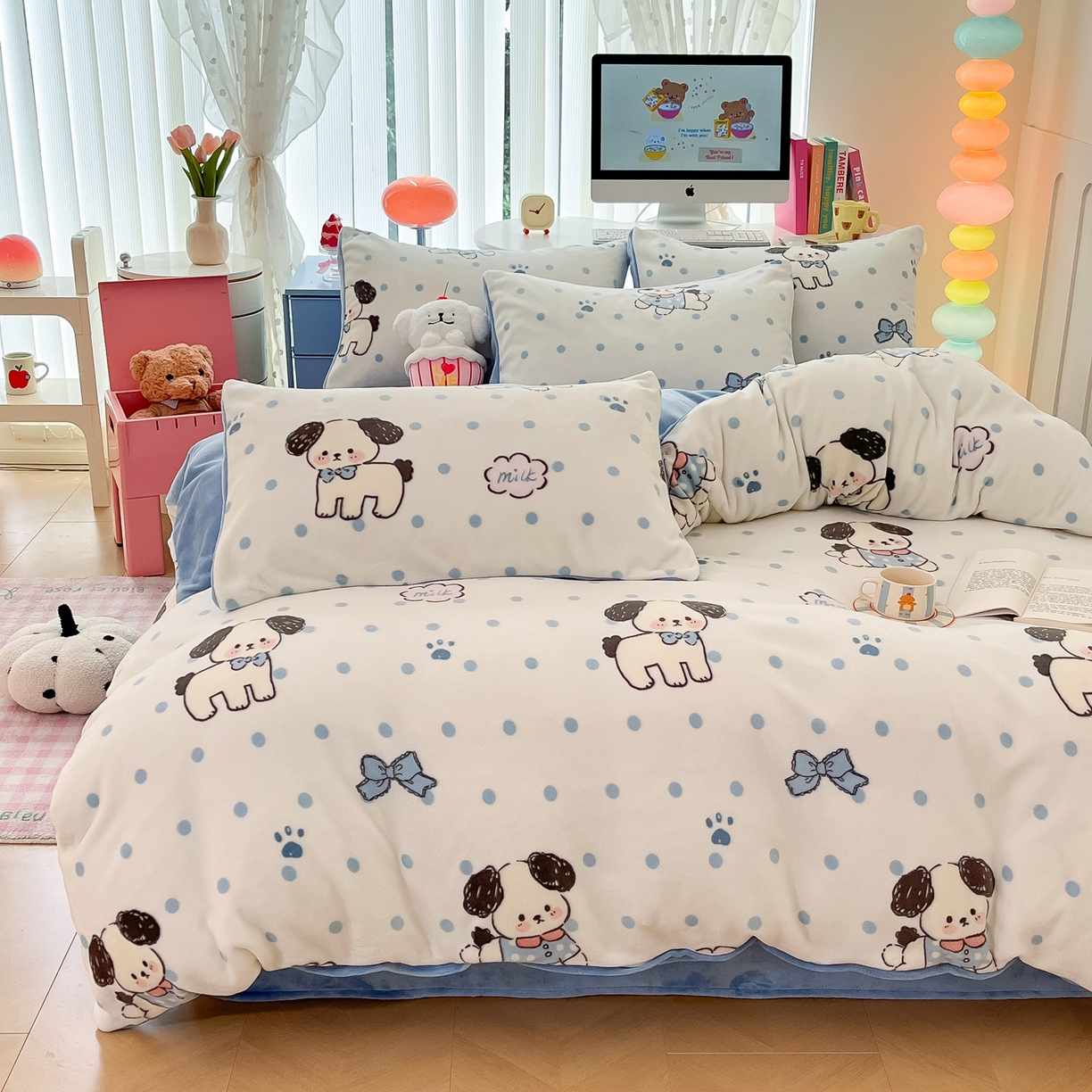 91家纺网 家纺一手货源 找家纺 启发 2025新款高克重小清新牛奶绒印花四件套 点点狗