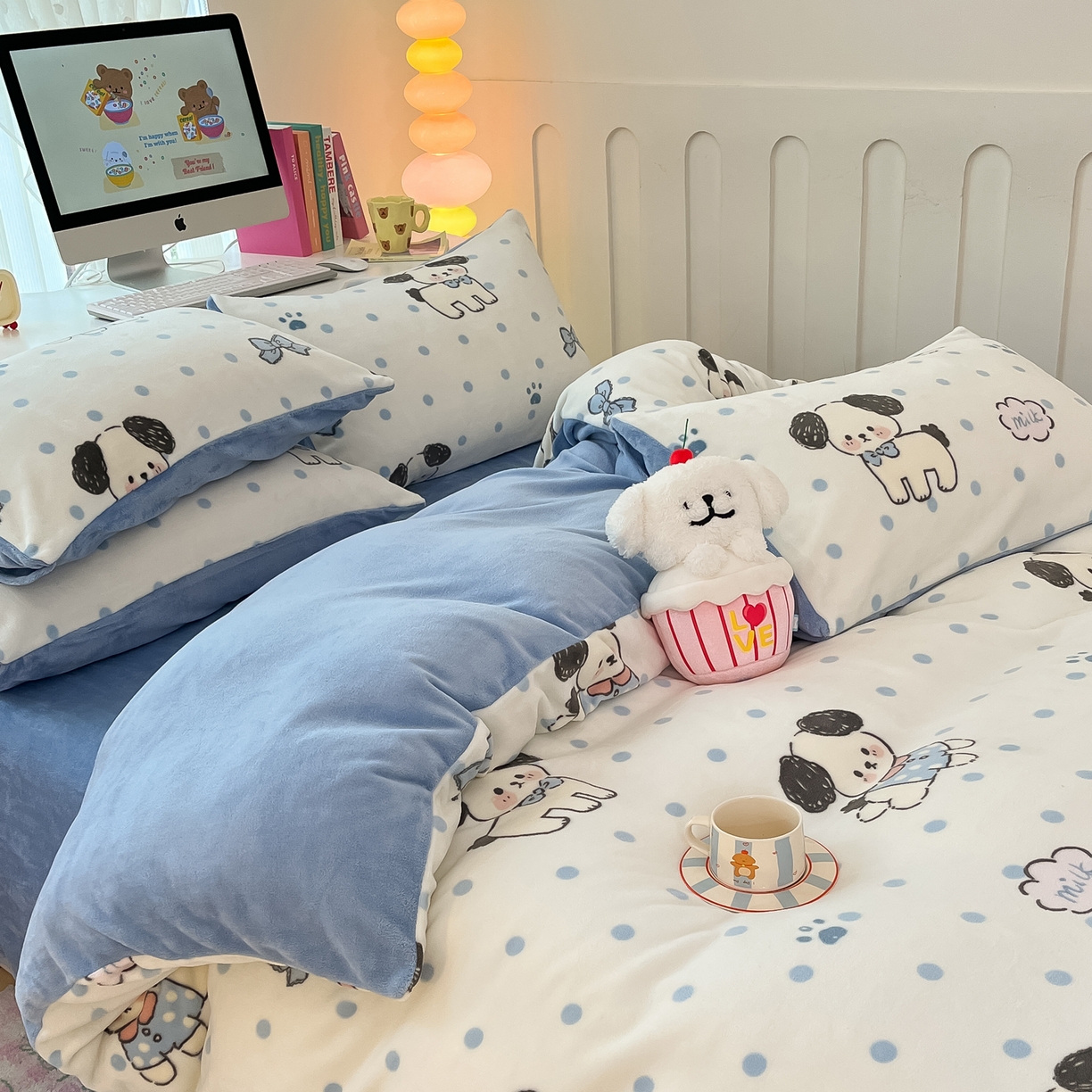 91家纺网 家纺一手货源 找家纺 启发 2025新款高克重小清新牛奶绒印花四件套 点点狗