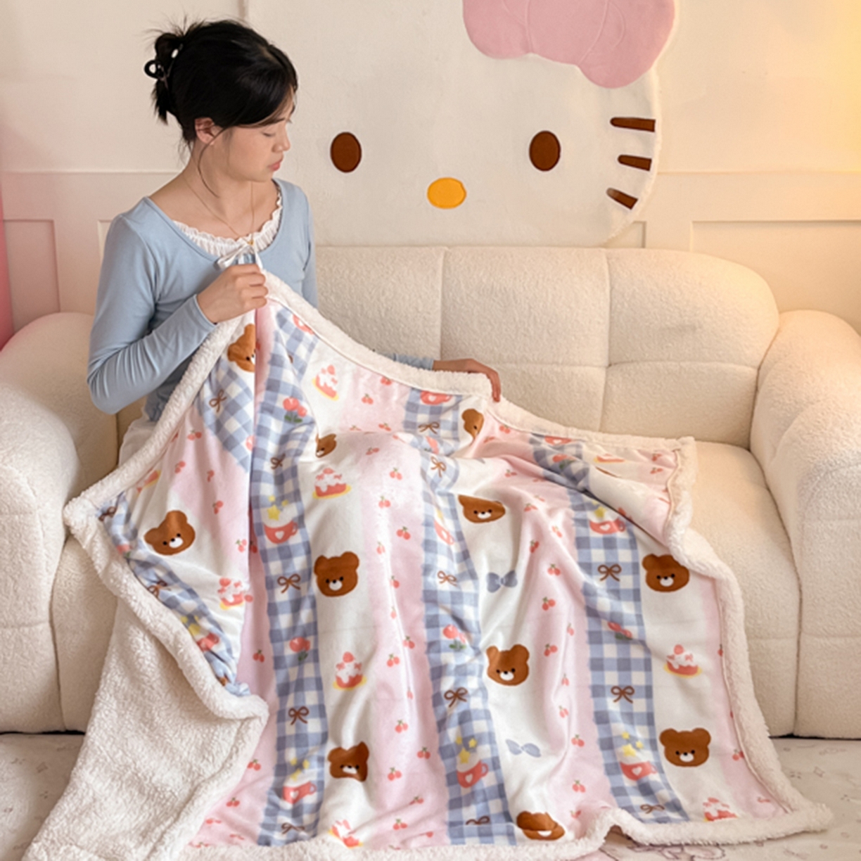 川悦生活 2025新款牛奶绒羊羔绒毯子毛毯 毛毯奶朵布丁熊