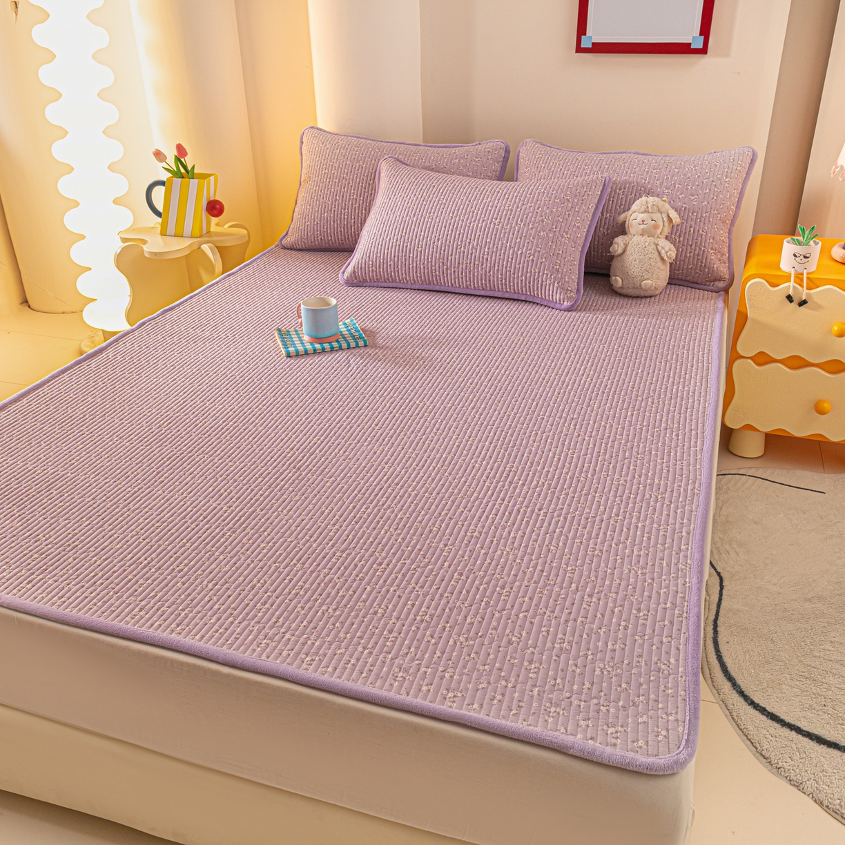 91家纺网 家纺一手货源 找家纺 恒尚居 2025新款A版全棉B版牛奶绒夹棉床褥垫A类四季可用学生床垫-秋冬款三件套系列三 花言【A纯棉-B牛奶绒】