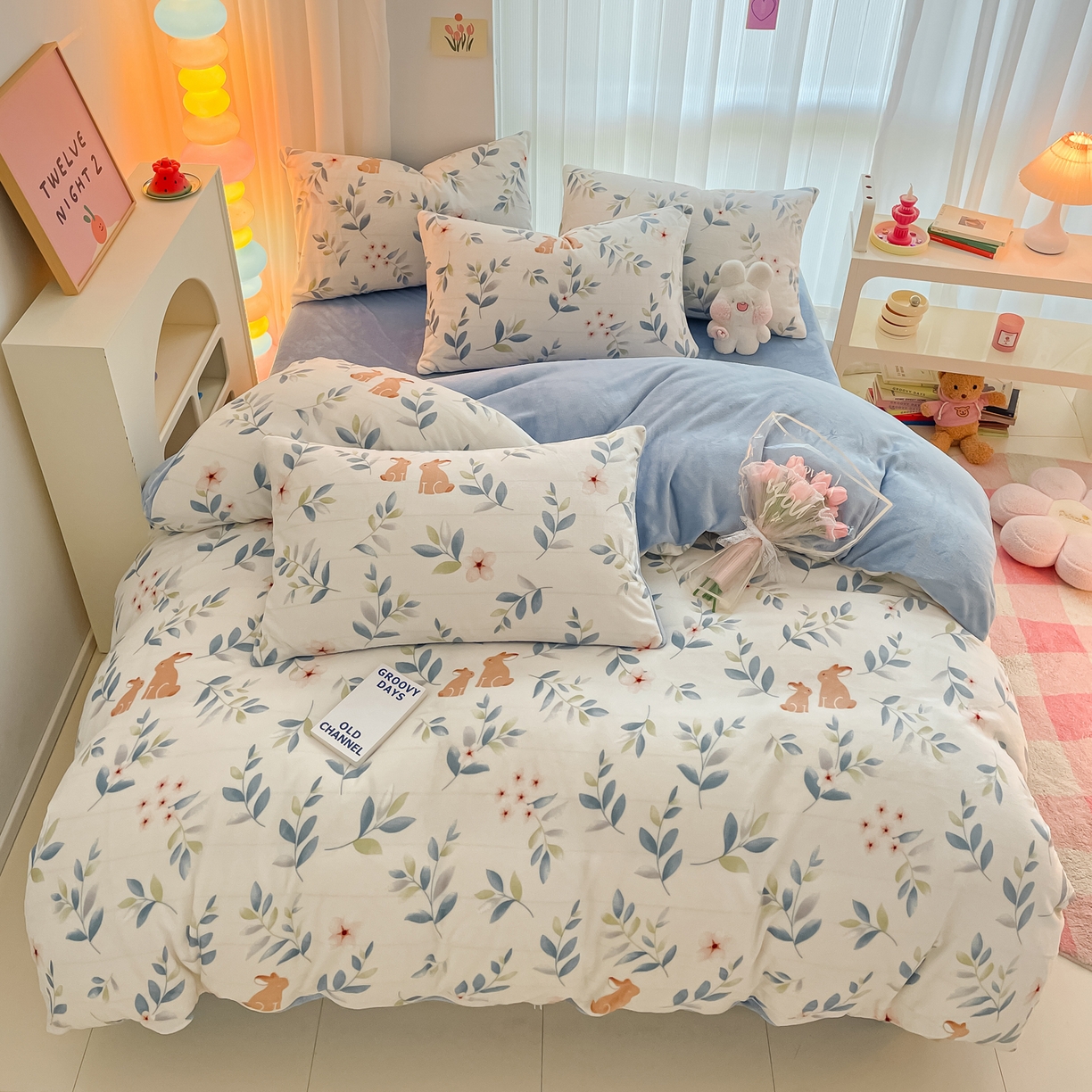 91家纺网 家纺一手货源 找家纺 启发 2025新款高克重小清新牛奶绒印花四件套 菲菲兔